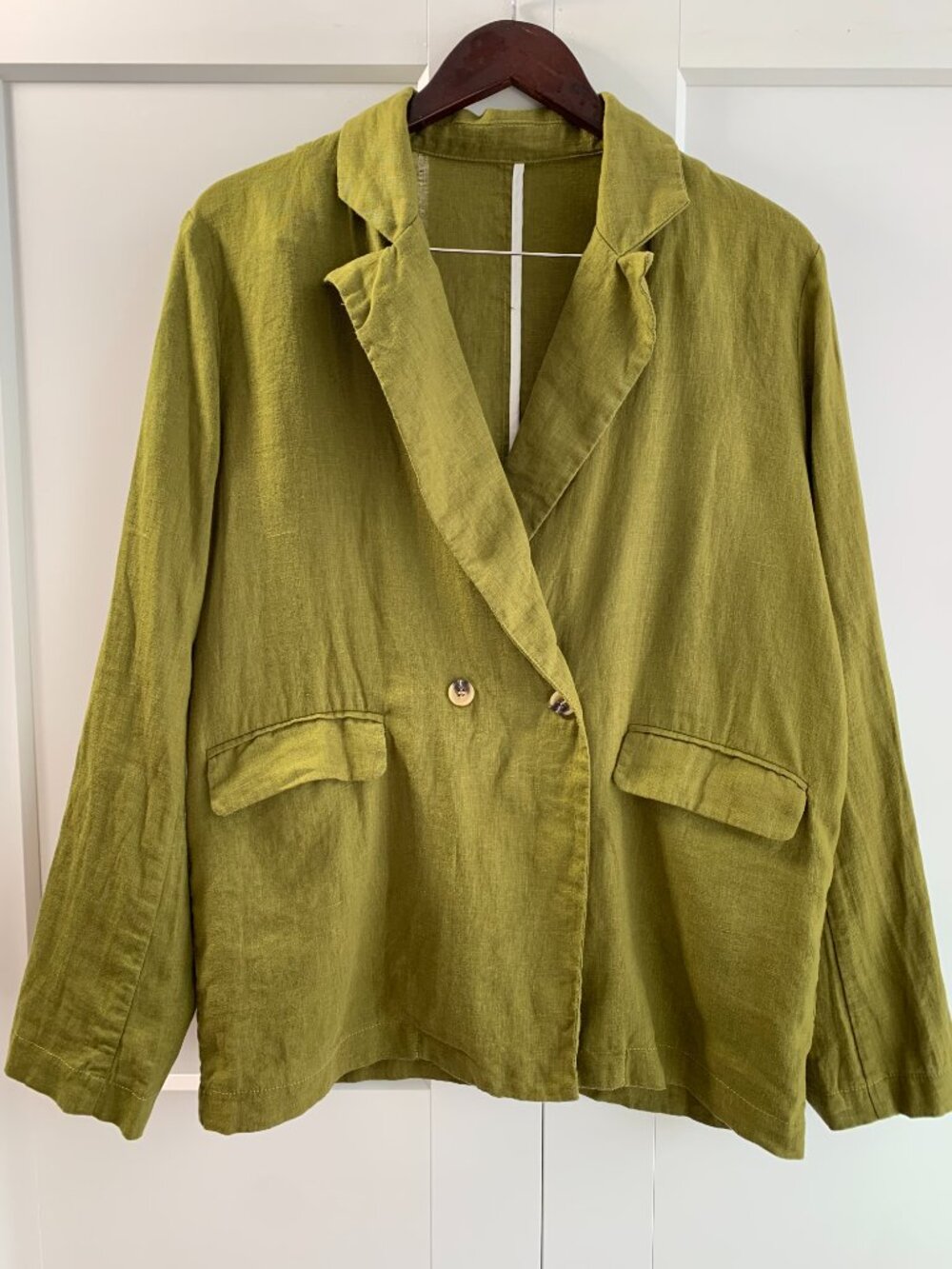 Women's 100% linen Double-Breasted Blazer in Olive Green Size L Lightweight